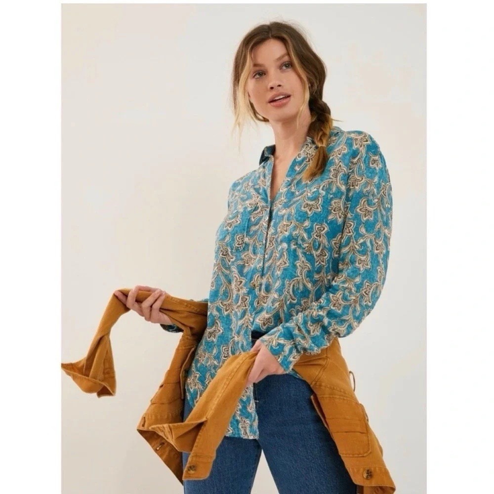 Pilcro Anthropologie Leilani Tunic Top Womens XS Blue Button Down Boho Western